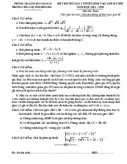 Đề thi thử Toán vào 10 lần 1 năm 2024 – 2025 trường THCS Quỳnh Phương – Nghệ An