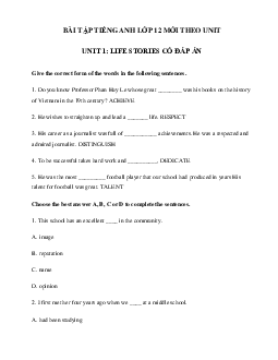 Bài tập unit 1 lớp 12 Life stories có đáp án