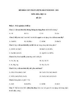 Đề thi khảo sát chất lượng đầu năm lớp 10 môn Hóa 2020 - 2021 - Đề 8