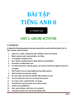 Bài tập Tiếng Anh 8 cả năm sách thí điểm có đáp án chi tiết
