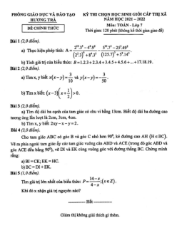Đề thi học sinh giỏi Toán 7 năm 2021 – 2022 phòng GD&ĐT Hương Trà – TT Huế