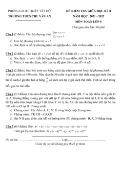Đề kiểm tra giữa học kì 2 Toán 9 năm 2021 – 2022 trường THCS Chu Văn An – Hà Nội