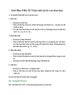 Giải Hóa 9 Bài 15: Tính chất vật lý của kim loại