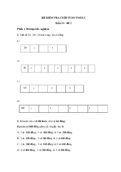 Đề kiểm tra cuối tuần Toán lớp 2: Tuần 33 - Đề 2 | Kết nối tri thức