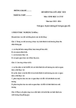 Đề thi giữa học kì 2 môn Sinh học 11 năm 2023 - 2024 sách Chân trời sáng tạo