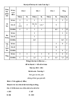 Đề thi học kì 1 lớp 2 năm 2023 - 2024 theo Thông tư 27 | Toán 2 Kết nối tri thức đề 4