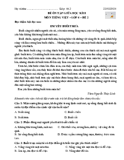 Đề ôn thi giữa học kì 2 môn Tiếng Việt 4 sách Cánh diều | đề 2