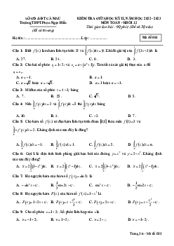 Đề giữa kỳ 2 Toán 12 năm 2022 – 2023 trường THPT Phan Ngọc Hiển – Cà Mau