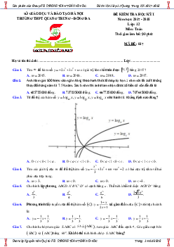 Đề kiểm tra học kỳ 1 Toán 12 năm học 2017 – 2018 trường THPT Quang Trung – Hà Nội