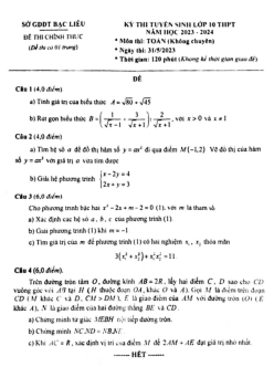 Đề tuyển sinh lớp 10 môn Toán (không chuyên) năm 2023 – 2024 sở GD&ĐT Bạc Liêu