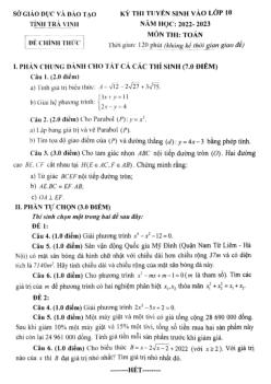 Đề tuyển sinh vào lớp 10 môn Toán năm 2022 – 2023 sở GD&ĐT Trà Vinh