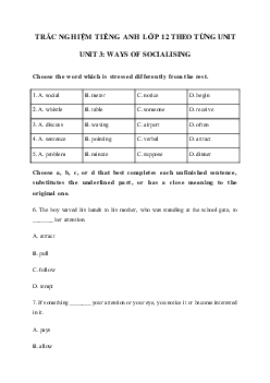 Trắc nghiệm tiếng Anh 12 Unit 3: Ways of Socialising có đáp án