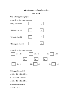 Đề kiểm tra cuối tuần Toán lớp 2: Tuần 34 - Đề 2 | Kết nối tri thức