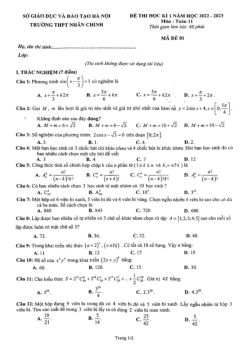 Đề thi học kì 1 Toán 11 năm 2022 – 2023 trường THPT Nhân Chính – Hà Nội