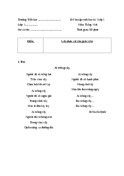 Ma trận + Đề ôn tập cuối học kì 1 môn Tiếng Việt lớp 1 Kết nối tri thức - Đề 2