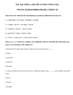 Bài tập Unit 10 lớp 12 Endangered Species có đáp án