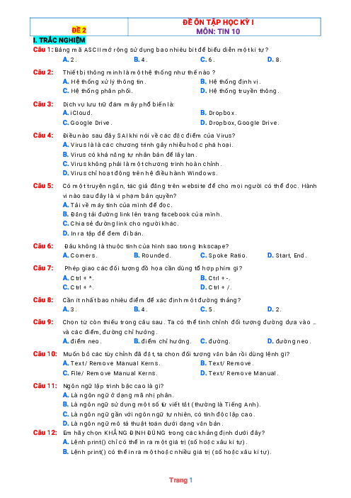Đề thi học kỳ 1 môn Tin 10 Kết nối tri thức (có đáp án-Đề 2)