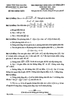 Đề thi học sinh giỏi cấp tỉnh Toán 9 năm 2021 – 2022 sở GD&ĐT Thái Nguyên