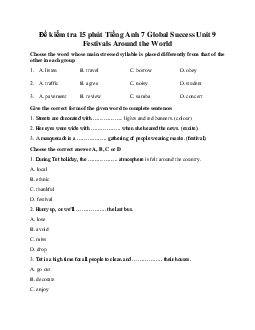 Đề kiểm tra 15 phút Tiếng Anh 7 Global Success Unit 9 Festivals Around the World