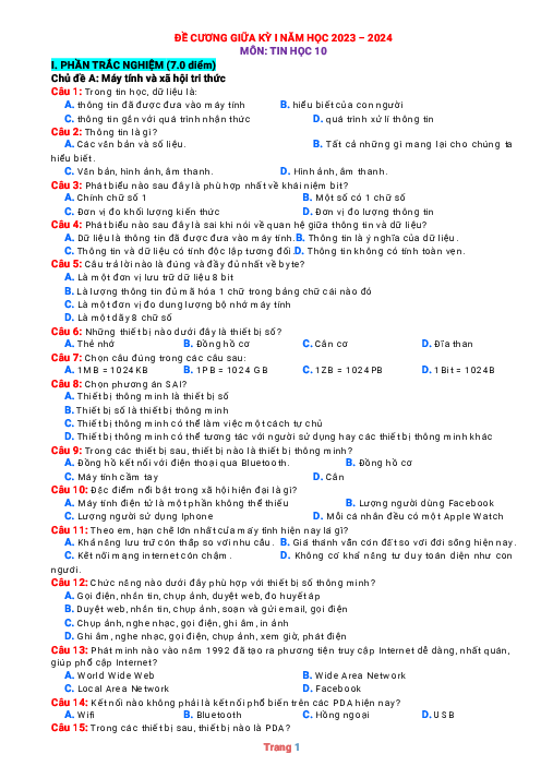 Đề cương ôn tập giữa học kỳ 1 Tin 10 Cánh diều (có đáp án )