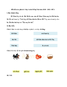 Đề thi giữa kì 1 lớp 1 môn Tiếng Việt năm 2020 sách Kết nối - Đề 1