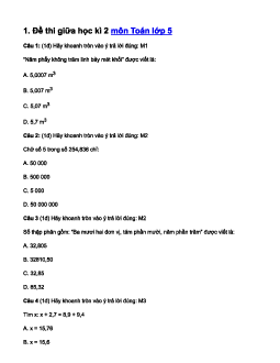 Bộ đề thi giữa học kì 2 lớp 5 năm 2023 - 2024 các môn học