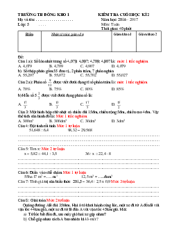 Đề thi học kì 2 môn Toán lớp 5 trường tiểu học Đồng Kho 1, Bình Thuận năm 2016 - 2017