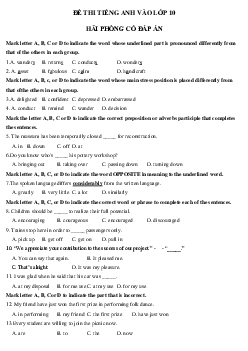 Đề thi thử vào 10 môn tiếng Anh Hải Phòng số 1 năm 2023-2024