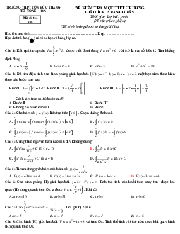 Đề kiểm tra Giải tích 12 chương 3 (Nguyên hàm – Tích phân) trường Tôn Đức Thắng – Khánh Hòa