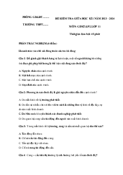 Đề thi giữa học kì 1 môn Giáo dục kinh tế và Pháp luật 11 sách Chân trời sáng tạo