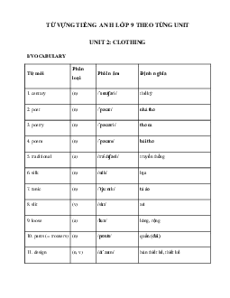 Từ vựng Unit 2 lớp 9 Clothing hệ 7 năm