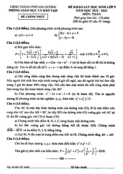 Đề khảo sát Toán 9 năm 2022 – 2023 phòng GD&ĐT thành phố Hải Dương