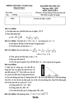 Đề học kì 1 Toán 9 năm 2022 – 2023 phòng GD&ĐT Thạch Thất – Hà Nội