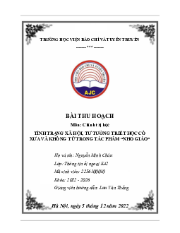 Tiểu luận ''Tình trạng xã hội, tư tưởng triết học cổ xưa và khổng tử trong tác phẩm Nho giáo''