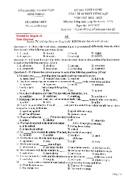 Đề thi tuyển sinh vào lớp 10 THPT công lập tỉnh Bình Thuận môn Tiếng Anh (Chuyên) năm học 2022-2023