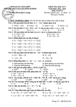 Đề cuối học kỳ 1 Toán 8 năm 2023 – 2024 trường THCS Nguyễn Bỉnh Khiêm – Hà Nội