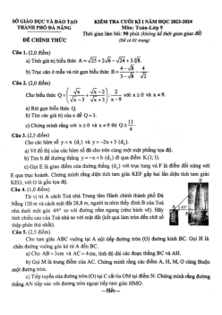 Đề kiểm tra cuối kì 1 Toán 9 năm 2023 – 2024 sở GD&ĐT Đà Nẵng
