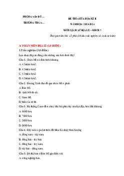 Đề thi giữa học kì 2 môn Lịch sử - Địa lí 7 năm 2023 - 2024 sách Cánh diều - Đề 2
