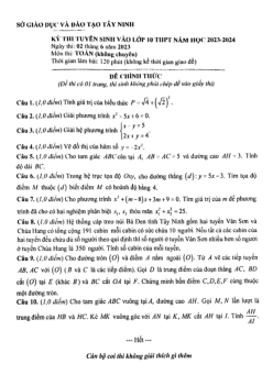 Đề tuyển sinh lớp 10 môn Toán (không chuyên) năm 2023 – 2024 sở GD&ĐT Tây Ninh