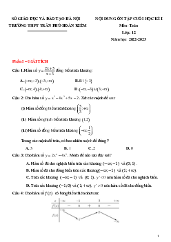 Nội dung ôn tập cuối kì 1 Toán 12 năm 2022 – 2023 trường THPT Trần Phú – Hà Nội