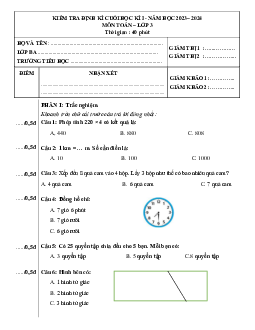 Đề thi học kì 1 môn Toán lớp 3 năm 2023 - 2024 (Đề 1) | Cánh diều