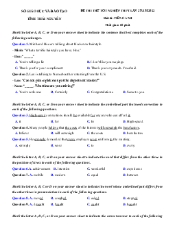 Đề thi thử Tốt Nghiệp THPT Tiếng Anh năm 2022 Sở GD Thái Nguyên-Lần 2 có lời giải chi tiết