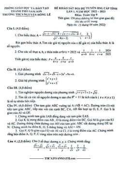 Đề khảo sát HSG Toán 9 lần 1 năm 2022 – 2023 trường THCS Nguyễn Hồng Lễ – Thanh Hóa