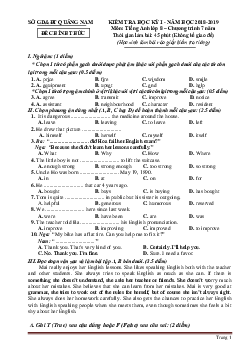 Đề thi học kỳ 1 môn Tiếng Anh 8 Quảng Nam 2018-2019 (2 kỹ năng) có đáp án