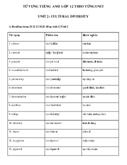 Từ vựng Unit 2 lớp 12 Cultural diversity