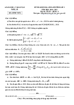 Đề thi học sinh giỏi cấp tỉnh Toán 9 năm 2020 – 2021 sở GD&ĐT Nghệ An