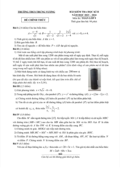 Đề thi học kì 2 Toán 9 năm 2023 – 2024 trường THCS Trưng Vương – Hà Nội