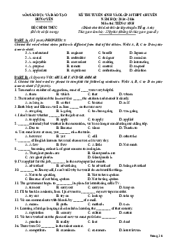 Kỳ thi tuyển sinh vào lớp 10 THPT Chuyên Hưng Yên năm học 2015-2016 Môn thi Tiếng Anh (có đáp án)