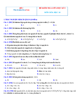 Bộ đề kiểm tra giữa học kỳ 1 Hóa 10 năm 2021-2022 (có đáp án )
