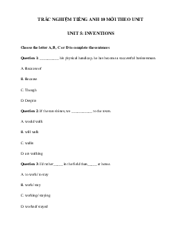 Trắc nghiệm Ngữ pháp tiếng Anh lớp 10 Unit 5 Inventions | Global Success